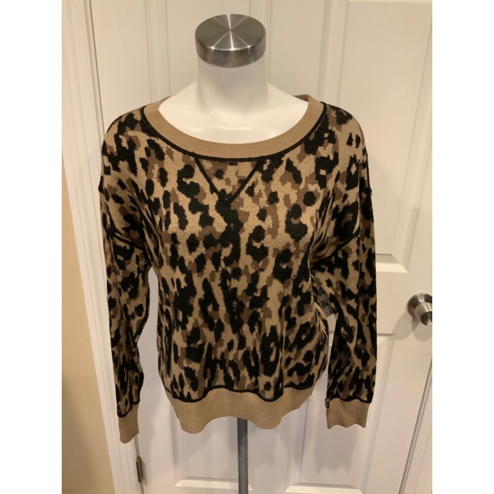 John + Jenn Brown & Black Leopard Print Scoop Neck Sweater, Size Medium